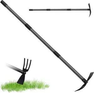 Gartenhacke mit Stiel, 116cm, 3-Zinken-Doppelhacke Unkrautharke Metall, Multifun