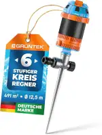 GRÜNTEK 6-Fach Multifunktions-Kreisregner, Rasensprenger mit Metall-Spike, Bewässerungsradius 12,5 m, für Flächen bis 491 m2, mehrere Sprinkler kombinierbar