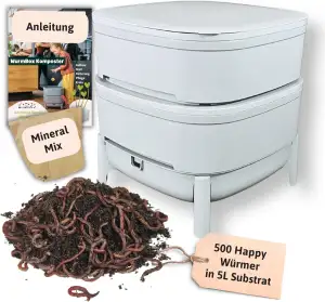 Wurmbox Komposter grau mit 2 Etagen | Wurmkomposter Starterset inkl. 500 Kompost