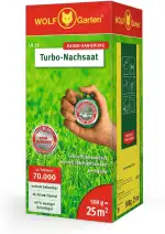 WOLF-Garten Turbo-Nachsaat zur Rasensanierung LR25 (für 25 m², hohe Dichte mit ca. 70.000 Trieben/m², für alle Rasentypen geeignet, mit WOLF-Garten Keimgarantie, 500g in Faltschachtel) 3826020