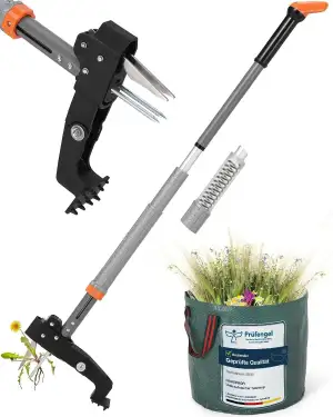 HAUSPROFI Unkrautstecher mit Stiel Teleskop (Länge 91 CM-117 cm) + 50L Gartensac