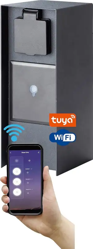 Bold Orio smarte Aussen-Steckdose-Garten (Steckdosen-Säule) mit 3-Fach Stecker Anthrazit (Smart Home | WLAN | iOS & Android | IP44 Outdoor Energie-Säule | 3680 Watt | 23x12x8,5 cm | Einfache Montage)