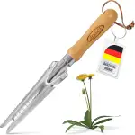 ECENCE 1x Unkrautstecher Edelstahl mit Pflanzfunktion Wurzeljäter mit Holzgriff Manueller Weeder zum Graben Jäten, Lösen Geschenk für Gärtner Gärtnerinnen 33,5cm