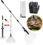 Laubbesen,Gartenrechen,mit 215cm Verstellbare Metallstange und Handschuhe,Laubrechen,Fächerbesen Laubbesen,Rechen Garten, Fächerbesen Metall,Laubfächer,Rasenrechen für Reinigen von Pflanzen