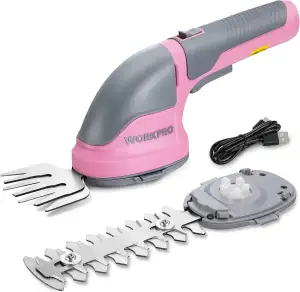 WORKPRO Gartenschere Akku 3,6V, handliche Grasschere und Strauchschere elektrisch mit 2 Messern 2.000mAh Akku und Typ C Kabel, 2 in 1 Rasenkantenschneider Schnittbreite 7.5cm, Schnittlänge 12cm