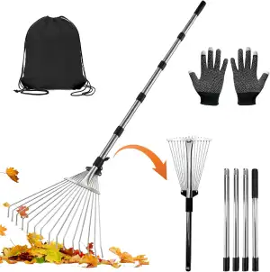 215cm Laubrechen Verstellbar mit 15 Zinken Fächerbesen Laubbesen Metall Gartenre