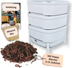 Wurmbox Komposter grau mit 3 Etagen | Wurmkomposter Starterset inkl. 500 Kompost