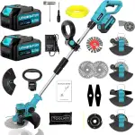 Rasentrimmer Mit Akku Für Makita Rasentrimmer, 4 in 1 Akku Rasentrimmer Mit 2 Akku Und 4 Arten Klingen, 21V Akku Freischneider Mit Seitlichen RäDern FüR Einfaches Trimmen Der Kanten.