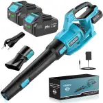 Laubbläser Akku, 21V Laubbläser mit 2 Akkus 4,0Ah mit 3 Geschwindigkeitsstufen, 2 Abnehmbare Blasrohre, Schultergurt Kabellos Laubbläser für Garten und Außenreinigung