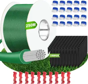 250m Begrenzungskabel Mähroboter + 150 Erdnägel + 20 Kabelverbinder + 10 Anschlussklemmen, Robustes Rasenroboter Kabelzubehör, Kompatibel mit Husqvarna, Bosch, Worx, Gardena, und mehr