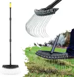 Colwelt Vertikutierrechen, Rechen mit dünnen, gebogenen Federstahlzinken, Vertikutierrechen für Rasenflächen mit 155 cm langem Stahlstiel, Rasenrechen mit Zinken für Kiefernnadeln, abgestorbenes Gras