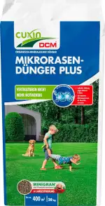 CUXIN DCM Mikrorasen-Dünger Plus - Langzeit Rasendünger - MINIGRAN® TECHNOLOGY - Kein Vertikutieren nötig - organisch-mineralischer NPK-Dünger- 20 KG für 400qm