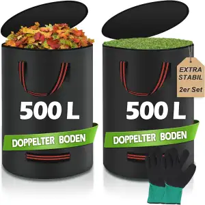 2X 500L Gartenabfallsack Stabil mit Deckel DOPPELTER BODEN inkl. Handschuh - Gar