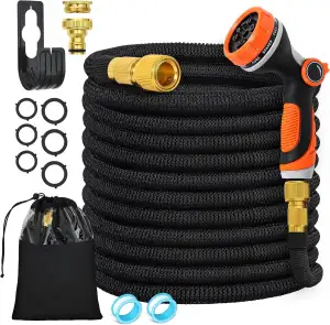 Flexibler Gartenschlauch 15 m mit 10-Funktionen Schlauchdüse, dehnbarer flexiSchlauch, Vollmessing Adapter 1/2' 3/4' Zoll, Wandhalterung Tasche, für den Außenbereich, Schwarz (15 M)
