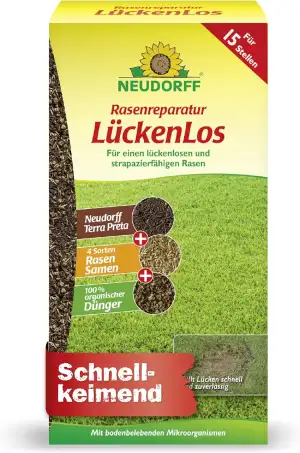 Neudorff Rasenreparatur LückenLos – Zur Ausbesserung von 15 Lücken für einen dauerhaften, strapazierfähigen und grünen Rasen, schnellkeimend, 1,2 kg