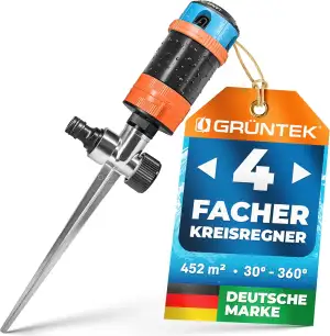 GRÜNTEK 4-facher Multifunktions-Kreisregner bis 452 qm. Großflächiger Sprinkler 