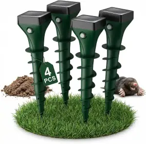 Maulwurf Vertreiber Solar 4er Set, Ultraschall Maulwurfschreck mit Spiralpfahl, 