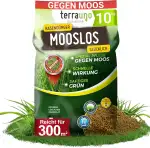 TerraUno Rasendünger Frühjahr Mooslos Glücklich, Moosfrei in 3 Tagen, 10 kg für 300 m², Eisendünger gegen Moos, extrafeines Granulat, Frühjahrsdünger Rasen, Dünger für den Streuwagen