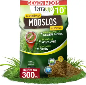TerraUno Rasendünger Frühjahr Mooslos Glücklich, Moosfrei in 3 Tagen, 10 kg für 300 m², Eisendünger gegen Moos, extrafeines Granulat, Frühjahrsdünger Rasen, Dünger für den Streuwagen