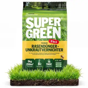 Supergreen Rasendünger mit Unkrautvernichter 2in1 Langzeit bis 75 Tage | NPK 22-