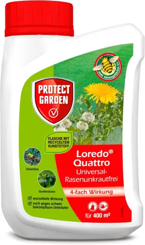 PROTECT GARDEN Universal-Rasenunkrautfrei Loredo Quattro Rasen-Unkrautvernichter gegen hartnäckige Unkräuter mit 4-fach Wirkung, 400 ml