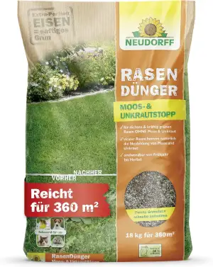 Neudorff RasenDünger Moos- und UnkrautStopp 18 kg für 360 m² mit Eisen und Kaliu