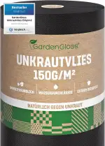 GardenGloss 50m2 Unkrautvlies Gartenvlies 150g/m2 Extra Stark Gegen Unkraut – Extrem Reissfest und Hohe UV-Stabilisierung – Unkrautfolie Wasserdurchlässig (50m x 1m, 1 Rolle)