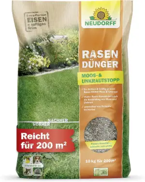 Neudorff RasenDünger Moos- und UnkrautStopp 10 kg für 200 m² mit Eisen und Kalium sorgt für einen dichten, grünen Rasen ohne Moos und Unkraut - schonend für Haustiere