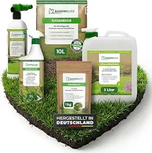 RASENBLITZ FRÜHJAHRSDÜNGER Rasen 5 Liter Set flüssig inkl. UNKRAUTSCHRECK, NACHSAAT und RASENERDE - 